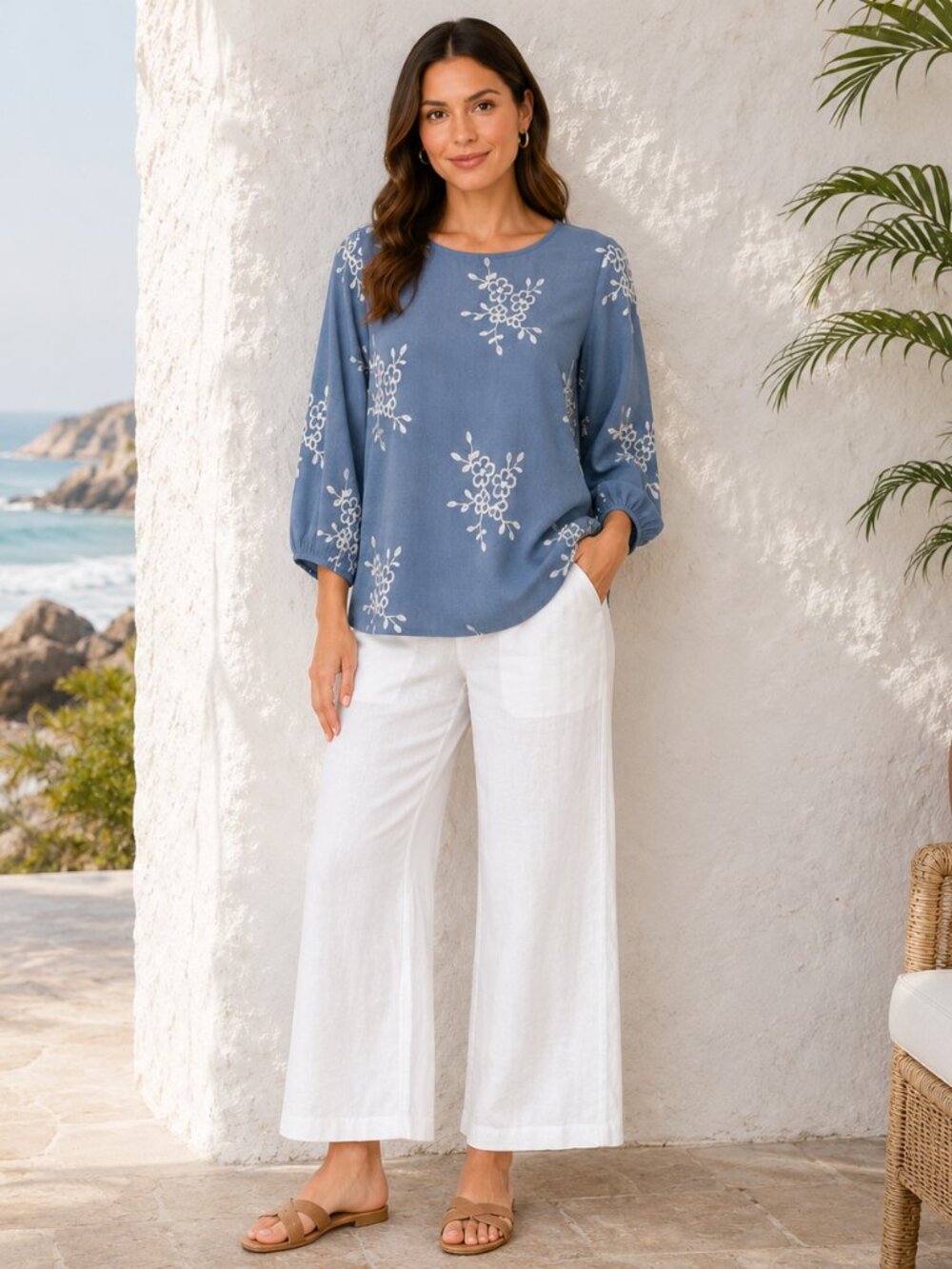 Anneliese Blue Floral Embroidered Peasant Blouse | Large